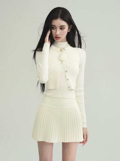 Fitted Rib Knit Cardigan, Pleated Skirt, Vest