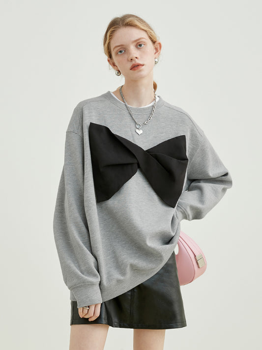 Large Bow Motif Relaxed Fit Cotton Sweatshirt