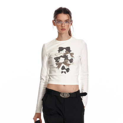 Bow Print Slim Fit Cropped Cotton T-Shirt