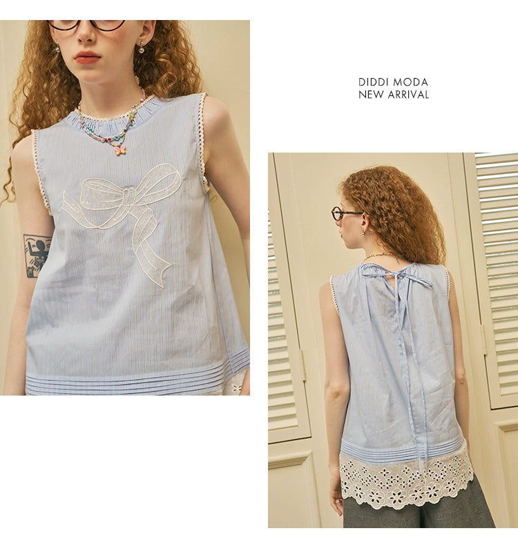 Lace Bow Embroidery Striped Sleeveless Top With Shirred Neck