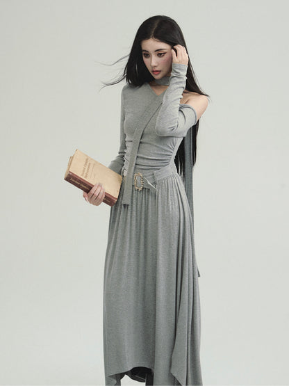 One-Shoulder Cotton Dress With Matching Scarf