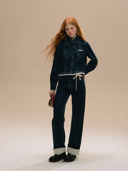 Double-Waist Cuffed Jeans With Tie Belt