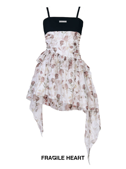 Floral Ruffled Dress With Long Side Hem And Ruched Bodice