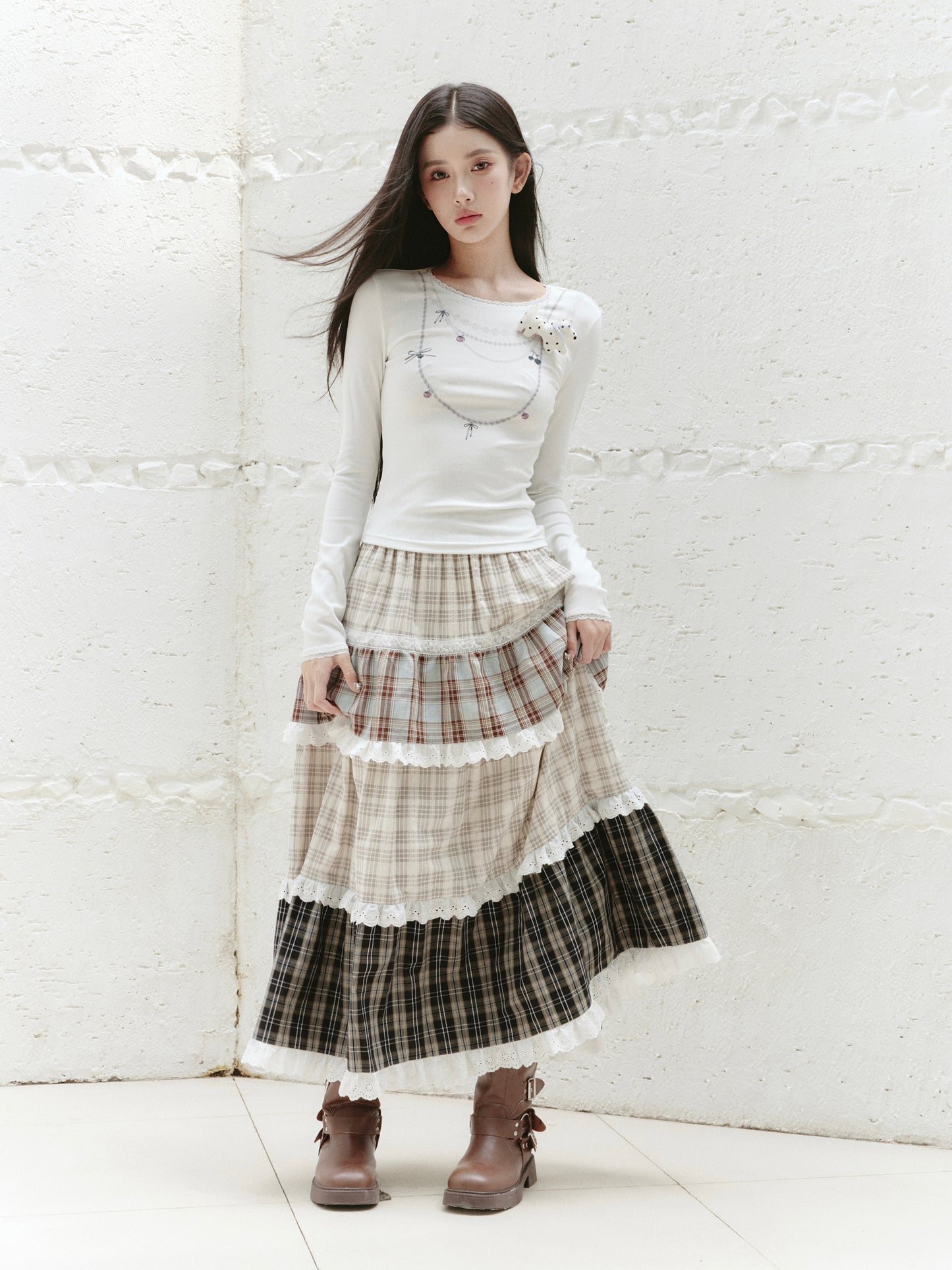 Plaid Patchwork Lace Trimmed Tiered Long Skirt