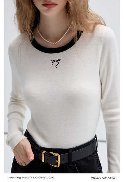 Wool Blend Bow Embroidery Contrast Knit Top