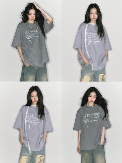 Bow Motif Oversized Letter Print T-Shirt