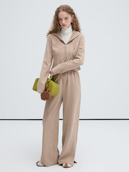 Hooded Zip Up Cardigan And Wide Pants Suit