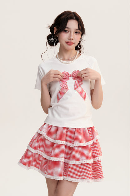 Checkered Three Dimensional Bow Round Neck T-Shirt