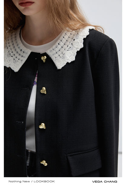 Heart Button Lace Collar Jacket, Bias Plaid Skirt