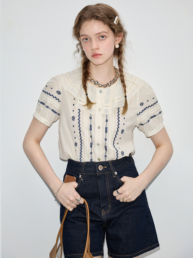 Embroidered Blouse And High Waist Denim Shorts