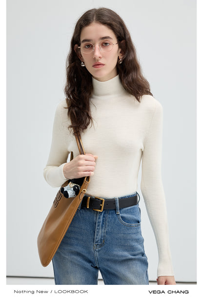 Elastic Rib Knit Woolen High Neck Top