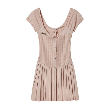 Knitted Halter Neck Pleated Dress With Bow Buttons