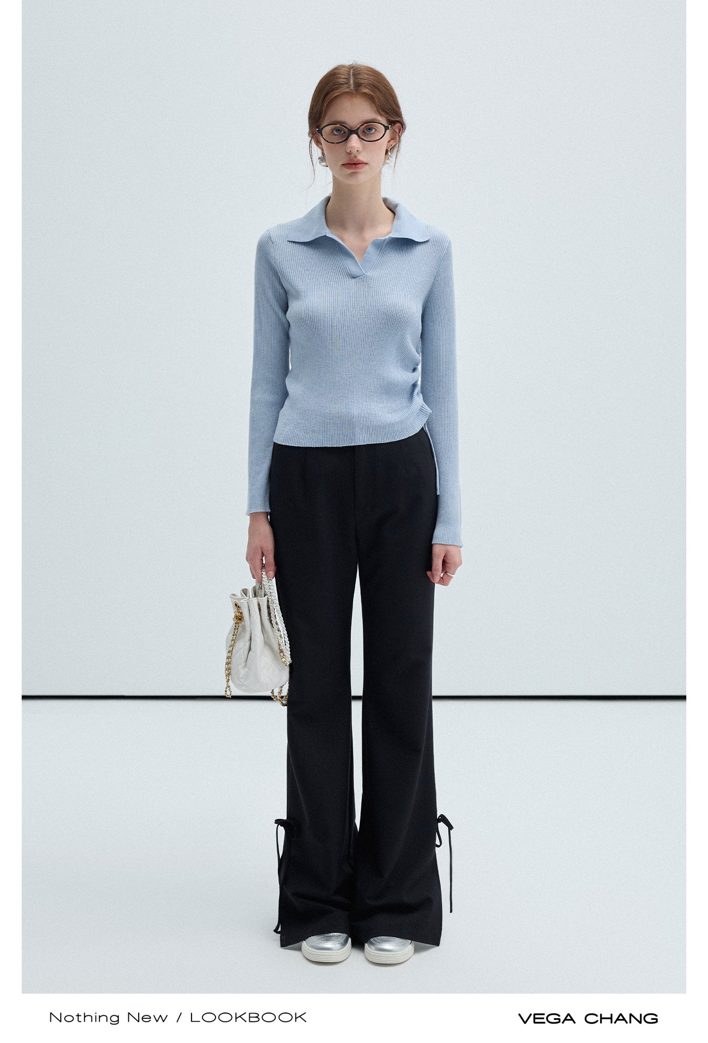 Plain Polo Rib Knit Top And Flared Slim Pants