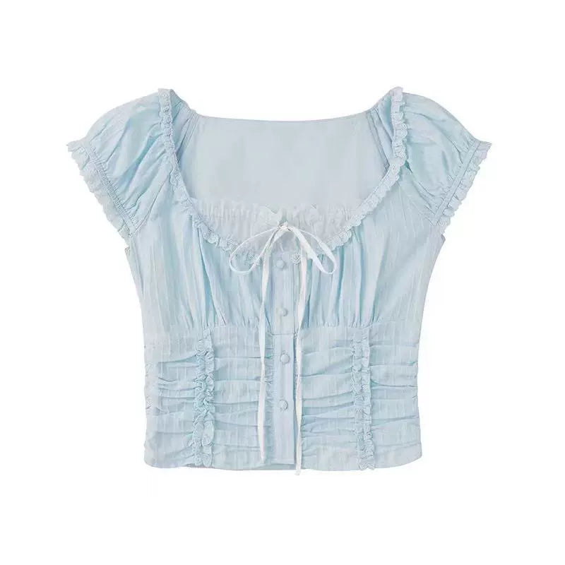 Elegant French-Style Ruched Frilled Cotton Blouse