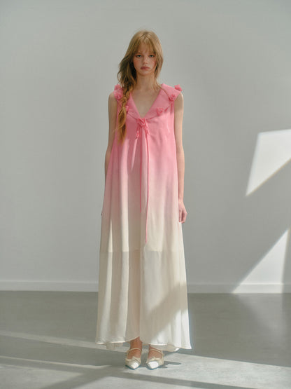 Flower Collar Gradient Chiffon Flowy Long Dress