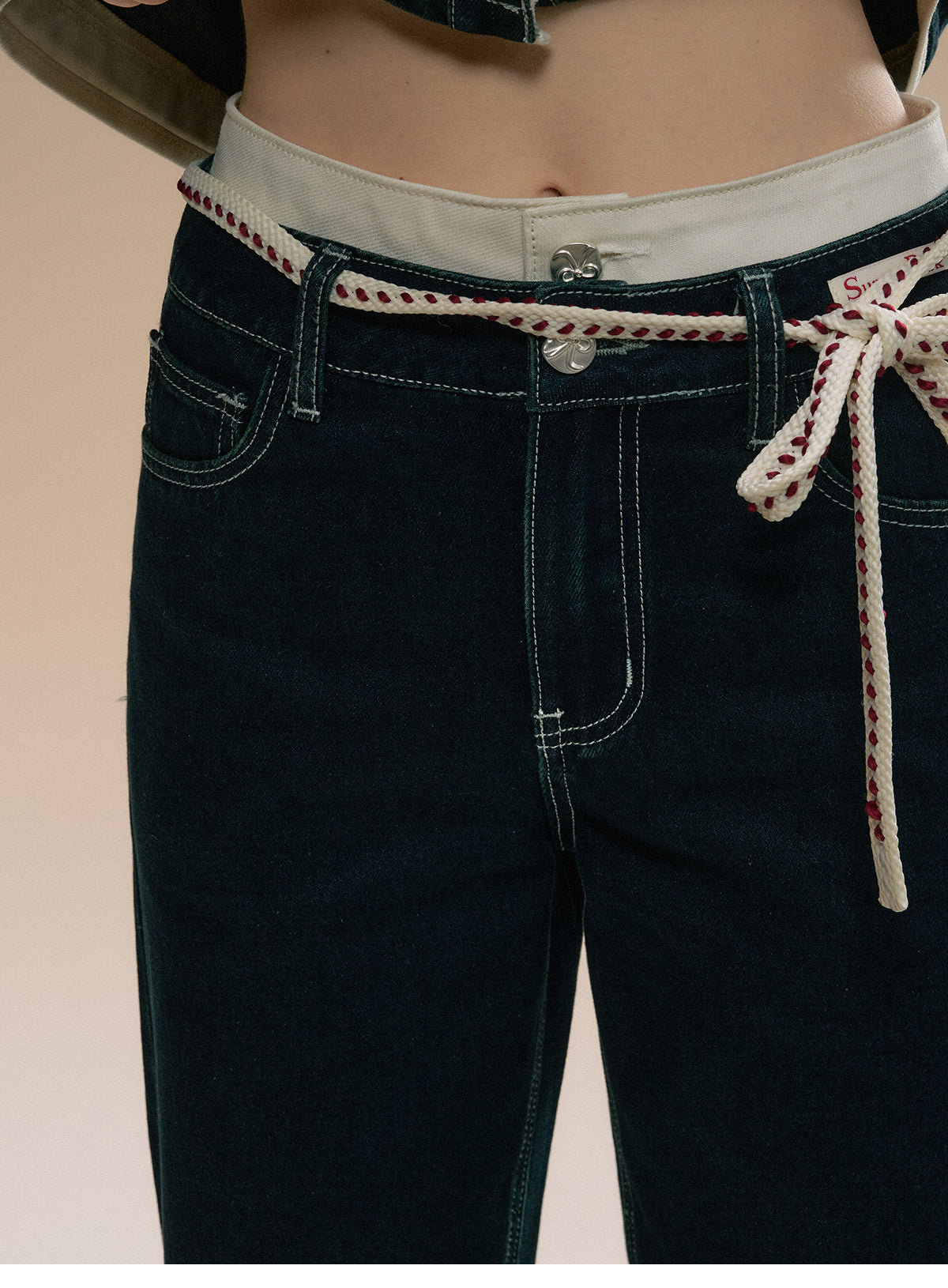 Double-Waist Cuffed Jeans With Tie Belt