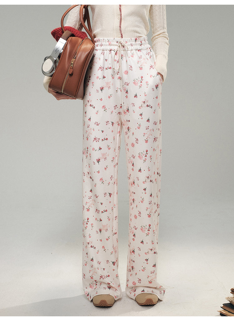 Red Rose Floral Print Pants, Belted Skirt