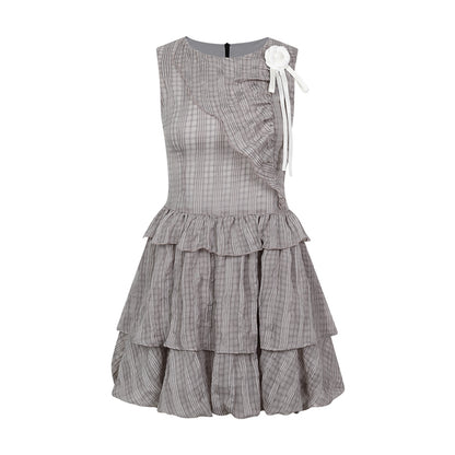 Plaid Sleeveless Tiered Dress With Flower Brooch