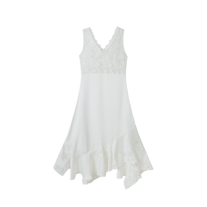 Asymmetrical Sleeveless Slip Styled Dress With Lace Waist