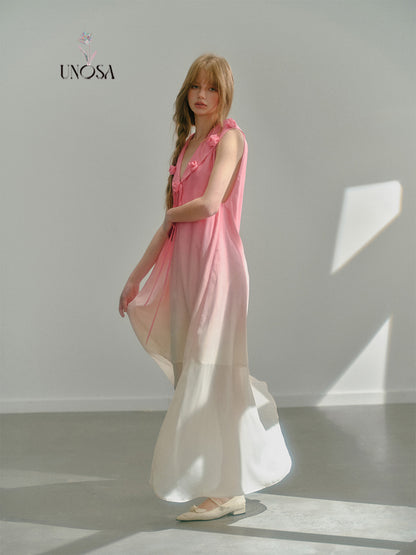 Flower Collar Gradient Chiffon Flowy Long Dress