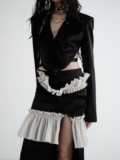 Textured Satin Ruffled Front Cropped Jacket