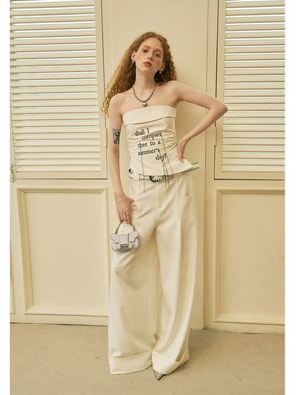 Letter Fringed Embroidery Tube Top And Turn Up Trousers