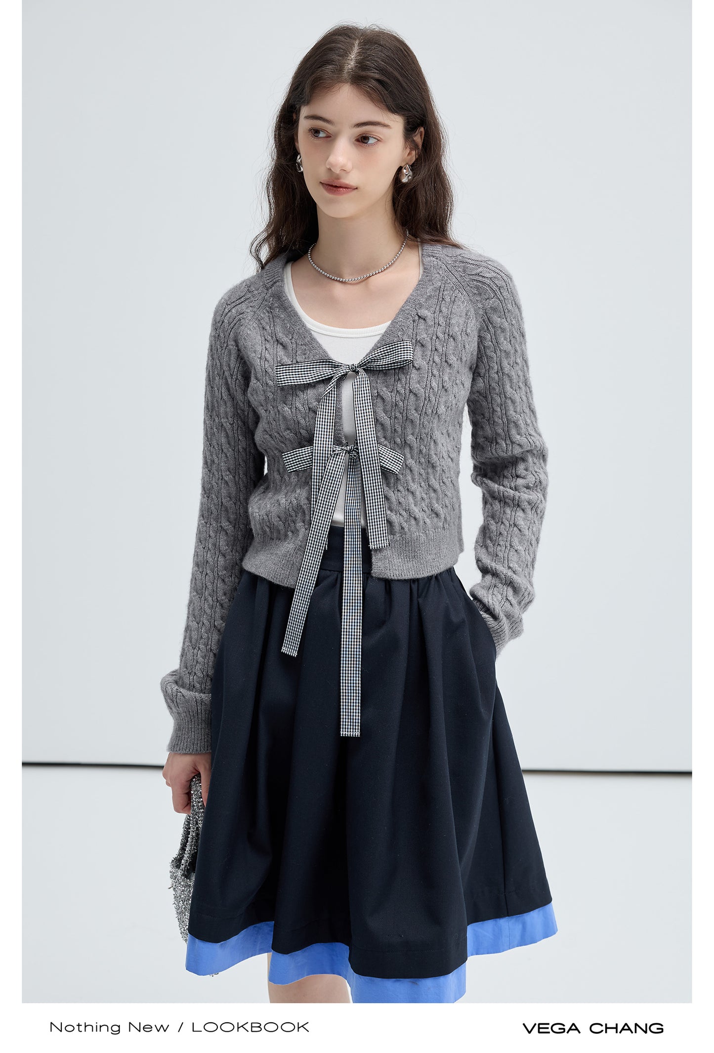 Cable Knit Cardigan With Gingham Ribbon Ties