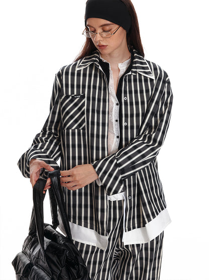 Faux Layered Stripe-Look Checkered Shirt