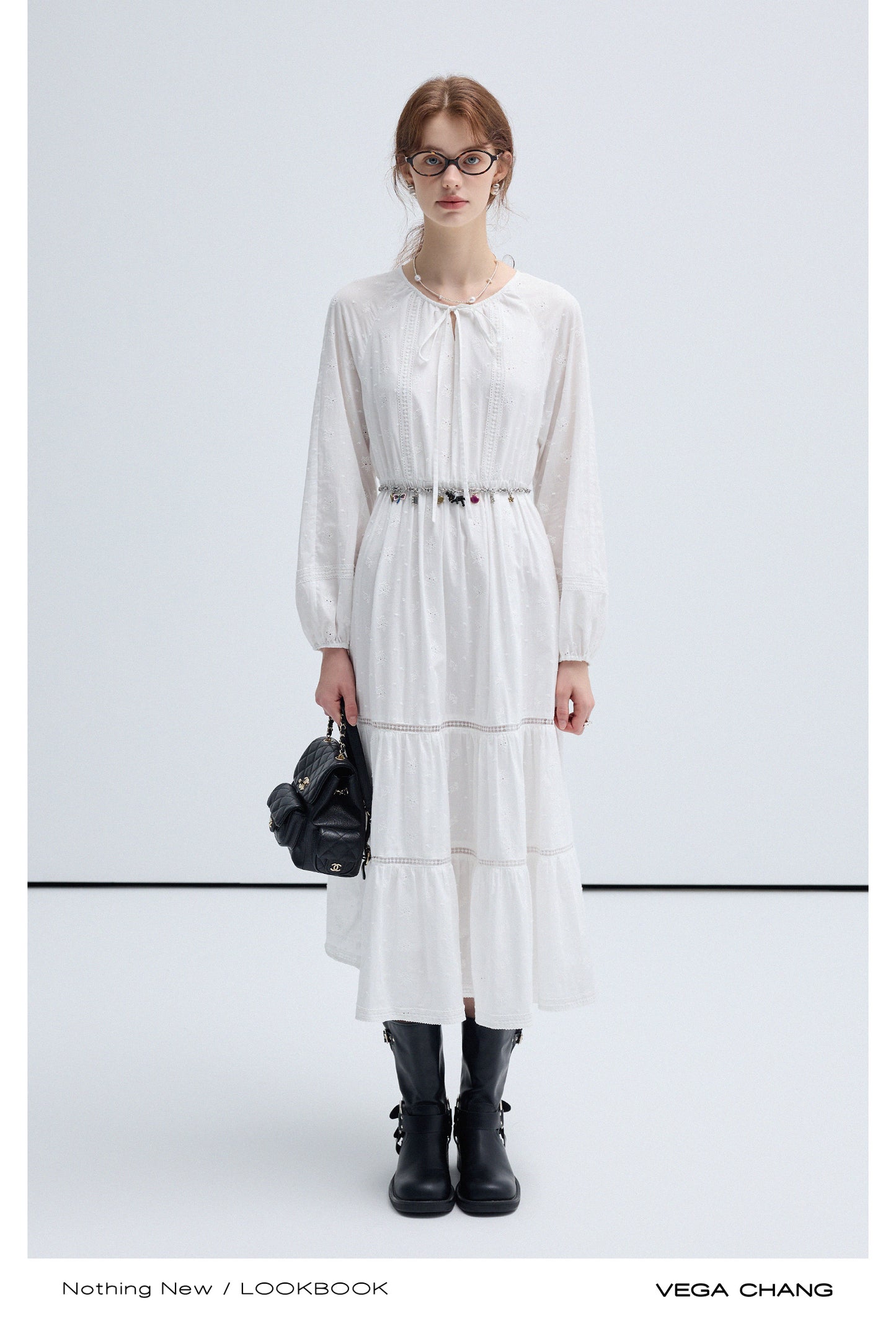 String Tie Neck Embroidery Long Tiered Smock Dress