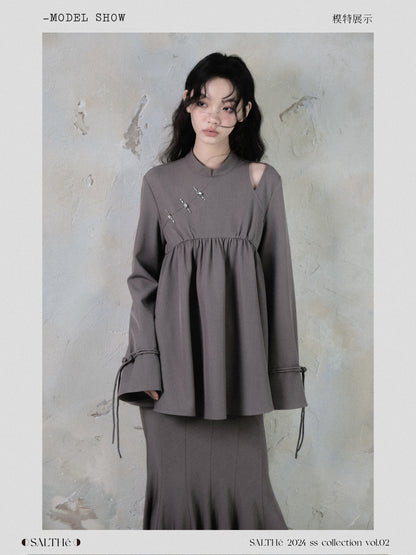 Qipao Style Twill Draped Top And Fishtail Skirt