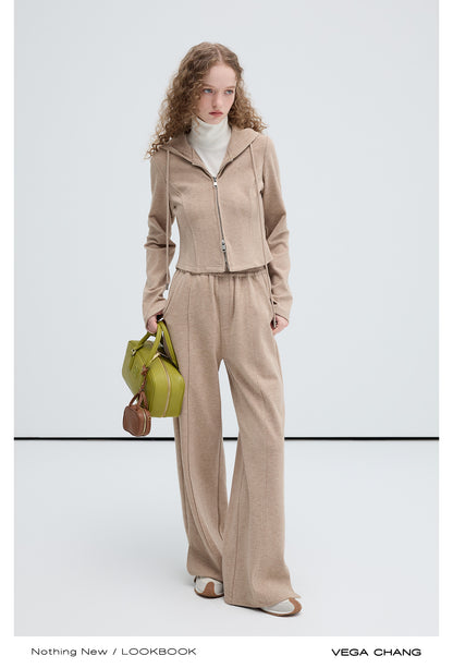 Hooded Zip Up Cardigan And Wide Pants Suit