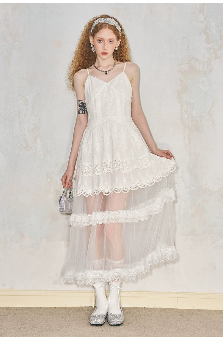 See-Through Embroidered Lace Long Tulle Organdy Dress