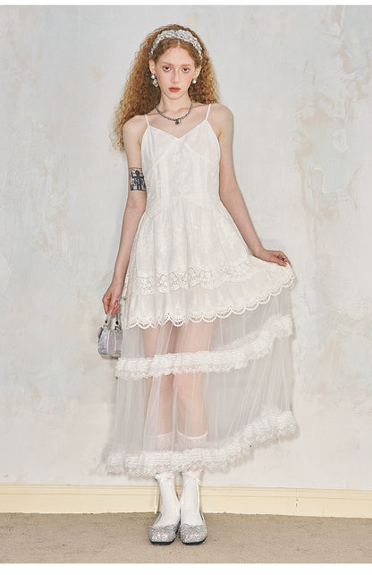 See-Through Embroidered Lace Long Tulle Organdy Dress