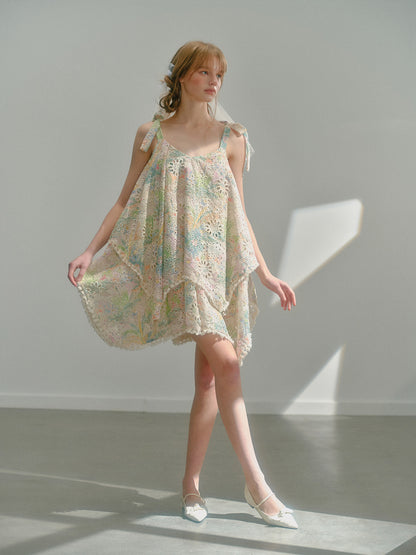 Asymmetrical Floral Eyelet Embroidery Short Dress