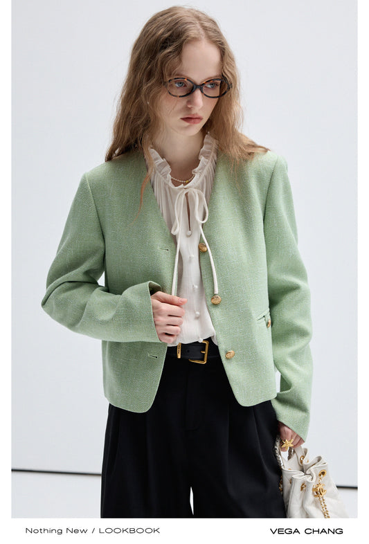 Collarless Gold Buttoned Tweed Jacket