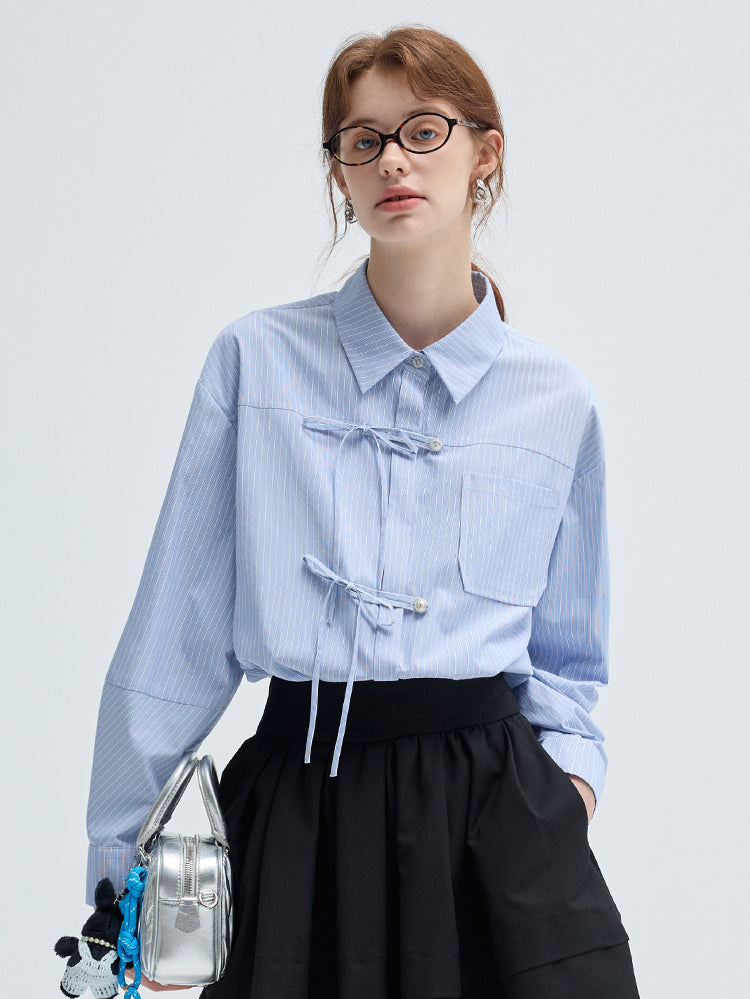 Drop Shouldered Stripe Shirt With Bow Tie Closure