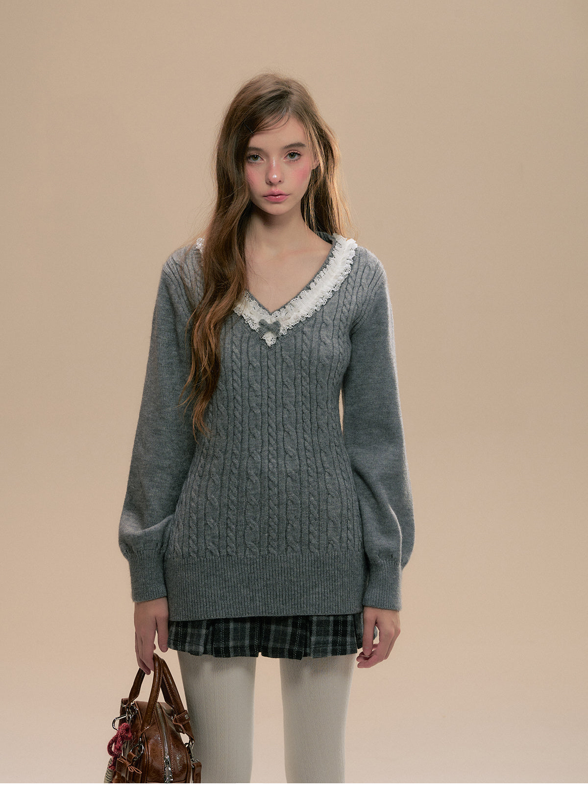 Frilled V-Neck Cable Knit Sweater