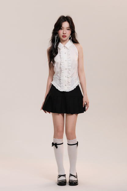 Sleeveless Frilled Lace Placket Round Hem Shirt