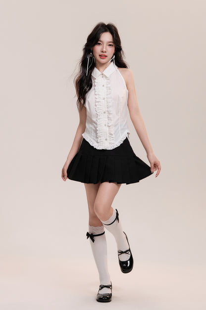 Sleeveless Frilled Lace Placket Round Hem Shirt