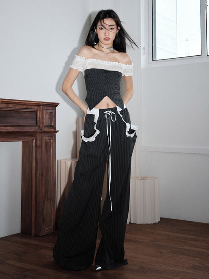 Frilled Pocket Wide Floor-Length Striped Trousers