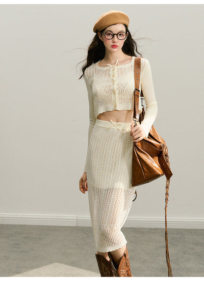 Cropped Eyelet Knit Cardigan And Midi Skirt Outfit