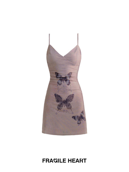 Butterfly Print Soft Sheer Breathable Lined Camisole Dress