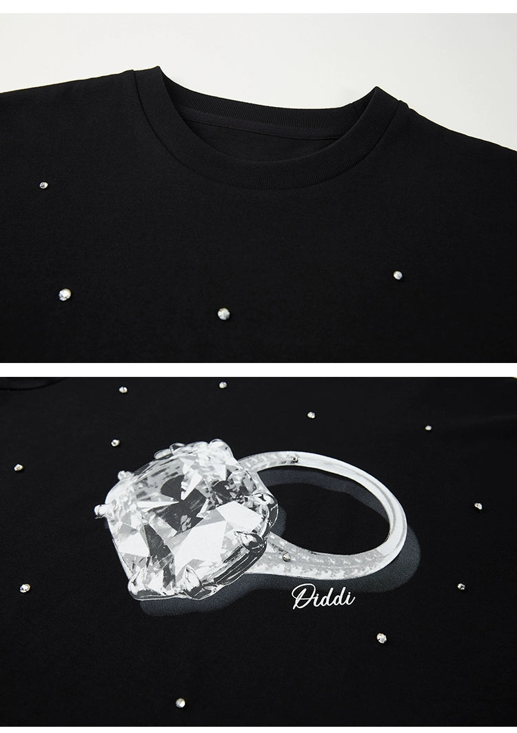 Oversized Diamond Ring Print Cotton T-Shirt With Rhinestones