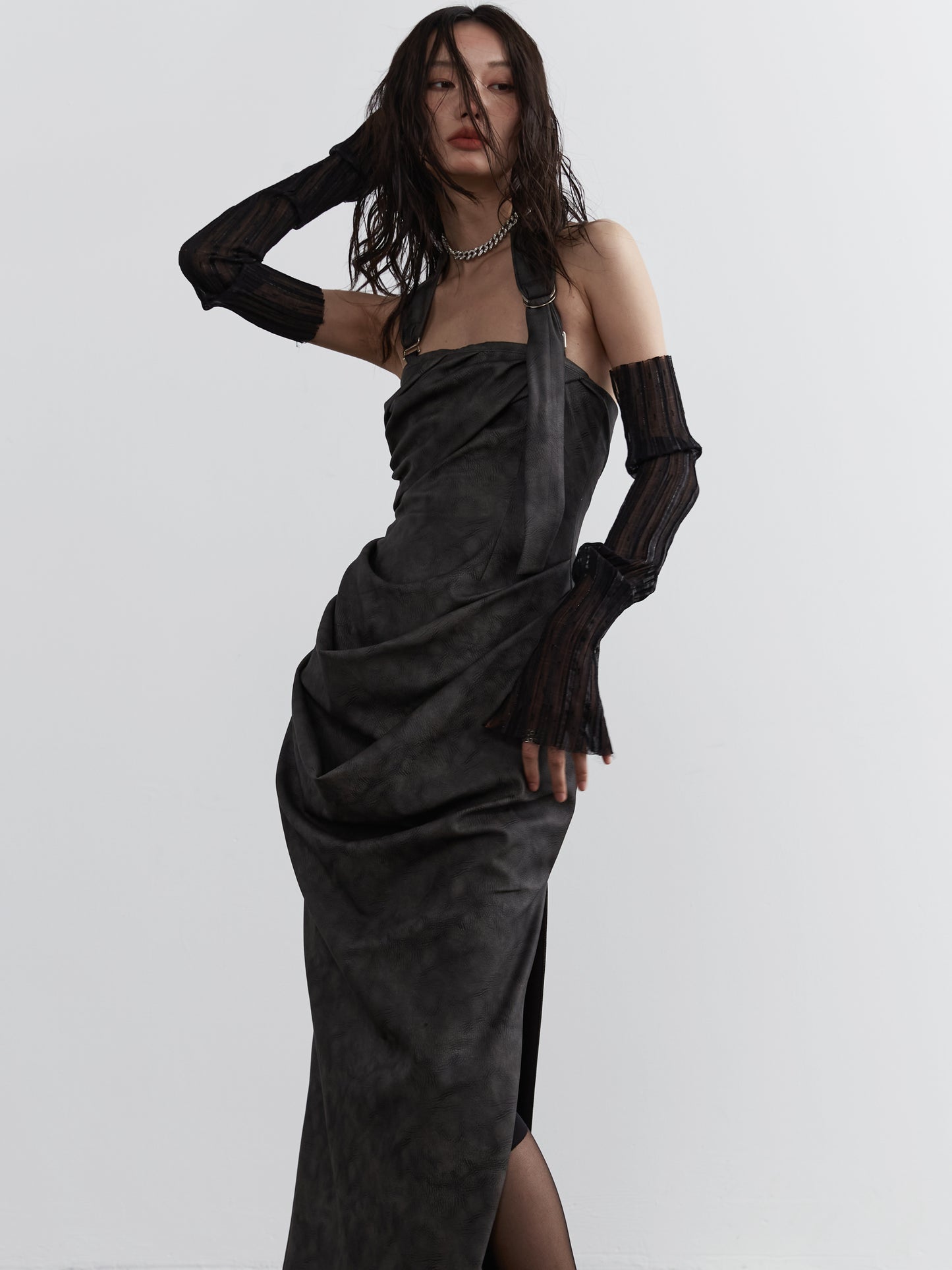 Sculptural Faux Leather Halter Tube Top Dress