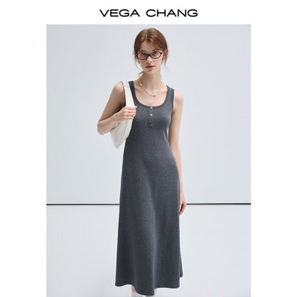 Simple Casual Henley Neck Sleeveless Long Dress