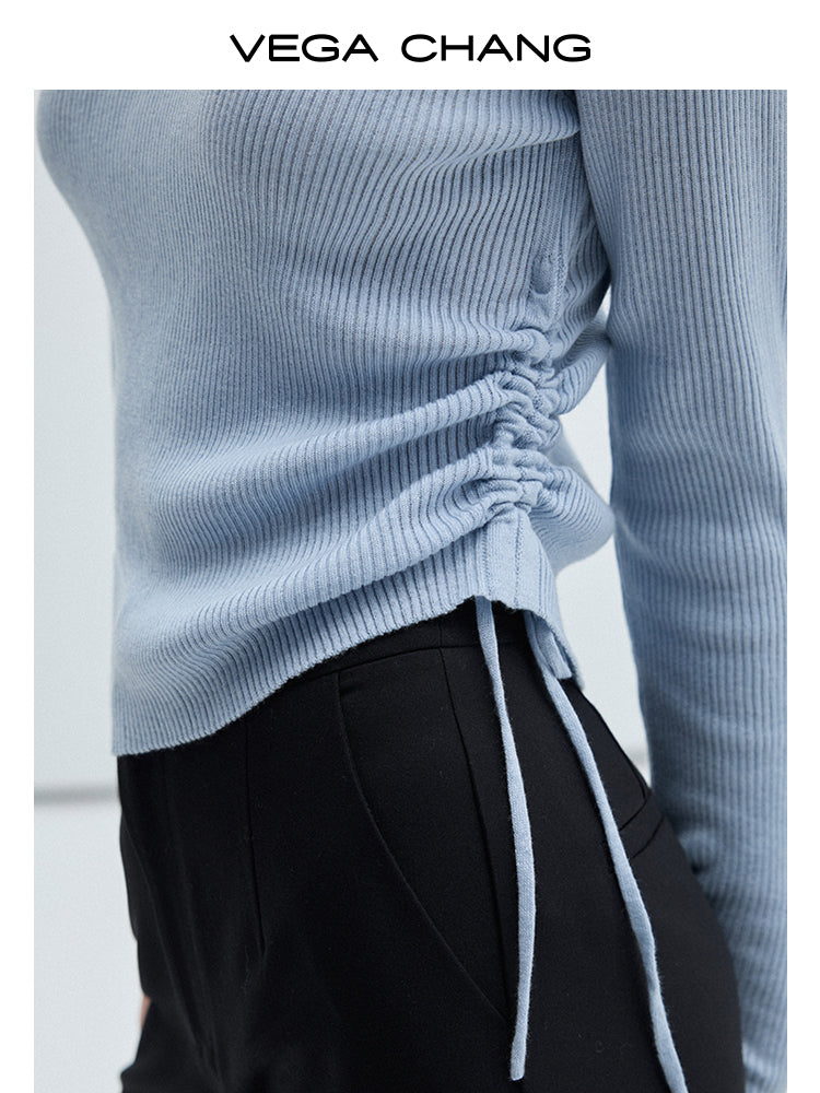 Plain Polo Rib Knit Top And Flared Slim Pants