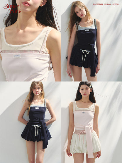 Sleeveless Patchwork Top With Tie Detail
