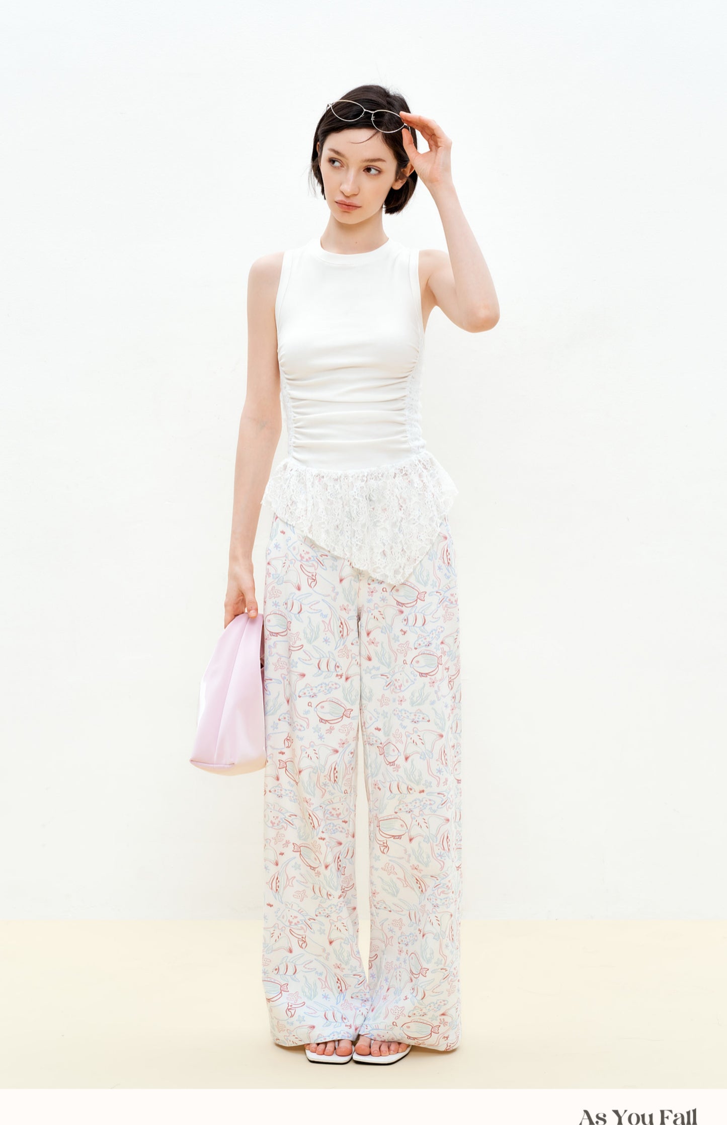 Aquatic Fish Illustration Wide-Leg Pants