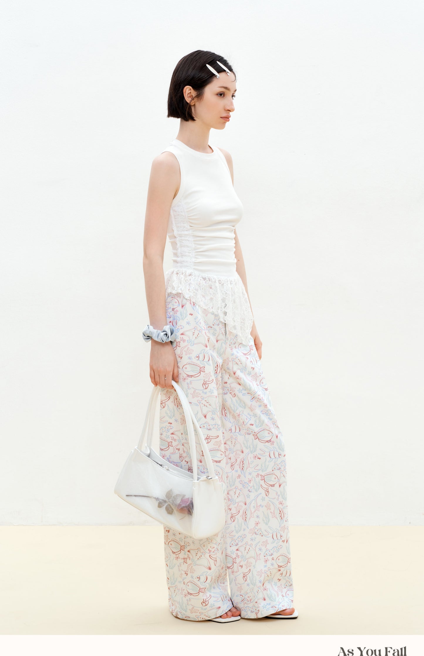 Aquatic Fish Illustration Wide-Leg Pants