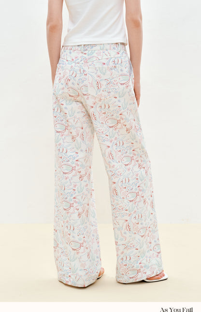 Aquatic Fish Illustration Wide-Leg Pants